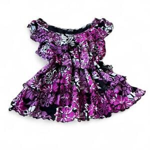 2000s Apt. 9 Purple Floral Pattern Ruffle Blouse – Size L